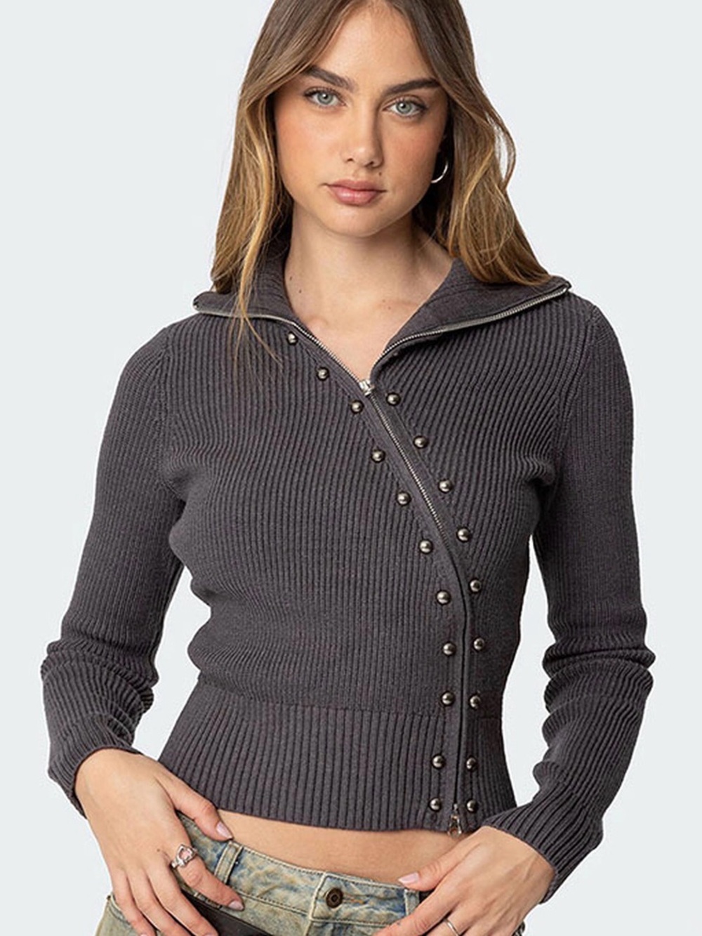 NWT Edikted Ribbed Asymmetric Zip Up Cardigan Size L
